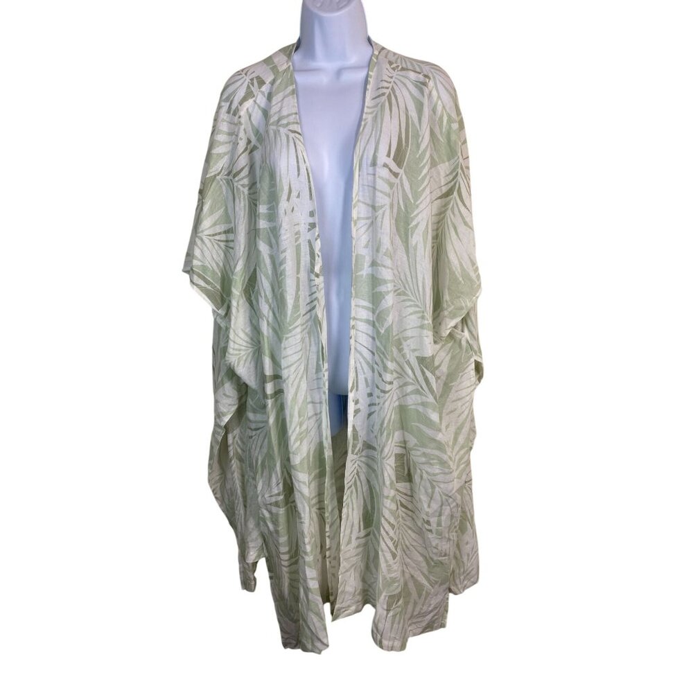 Cynthia Rowley Linen Blend Leaf Open Front Kimono Cardigan One Size L Green Whit